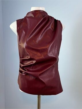 Commense Burgundy One-Shoulder Faux Leather Drape Top